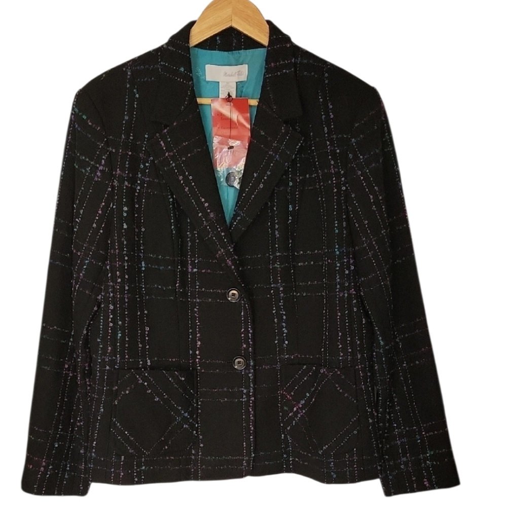 Marshall Fields Vintage Black Plaid 2 Button Wool Jacket Blazer Patch Pockets